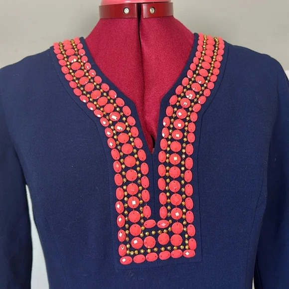 Lilly Pulitzer "Bennett" navy coral lined fitted dress with beaded neckline - Picture 2 of 10